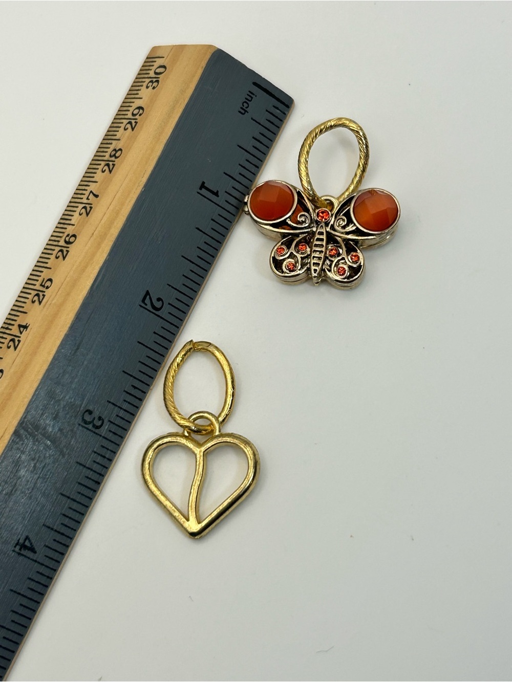 Gold-Tone Butterfly & Heart Pendants Orange Sparkle About 1.5" Drop - Picture 6 of 8